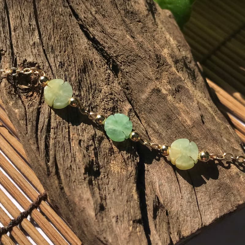 多彩翡翠四葉幸運草手鍊 14K包金 | 天然緬甸玉A貨翡翠 | 送禮