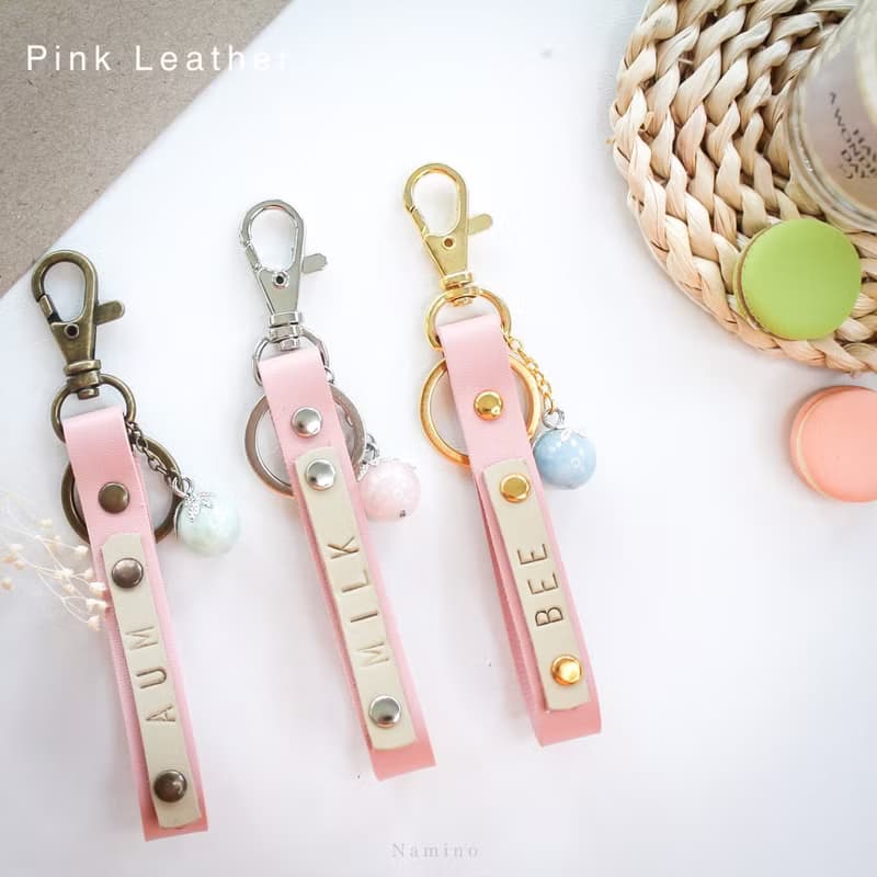 Pink Leather Key Ring hand made with Lucky Stone