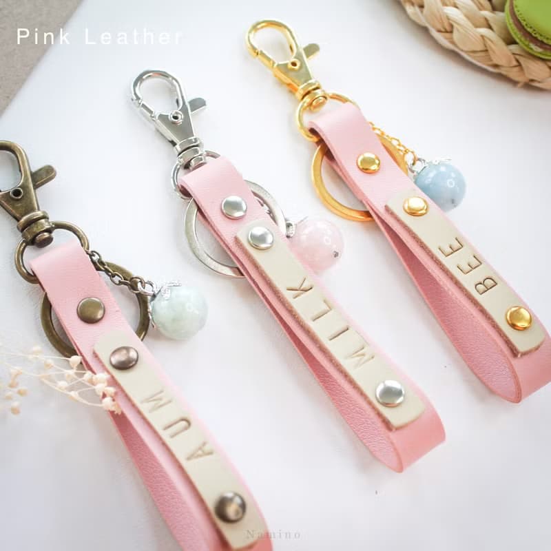 Pink Leather Key Ring hand made with Lucky Stone
