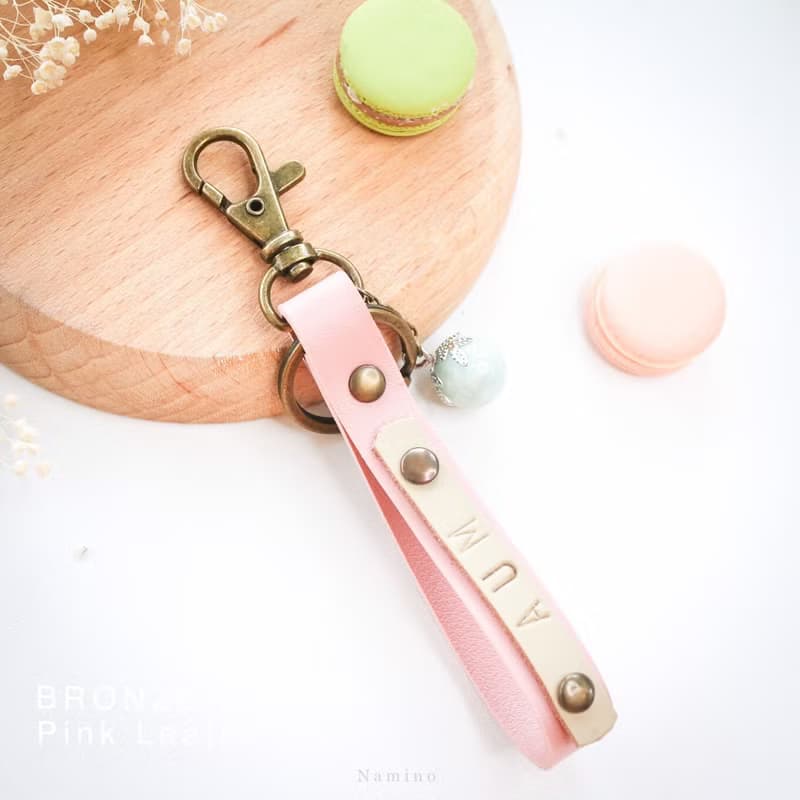 Pink Leather Key Ring hand made with Lucky Stone