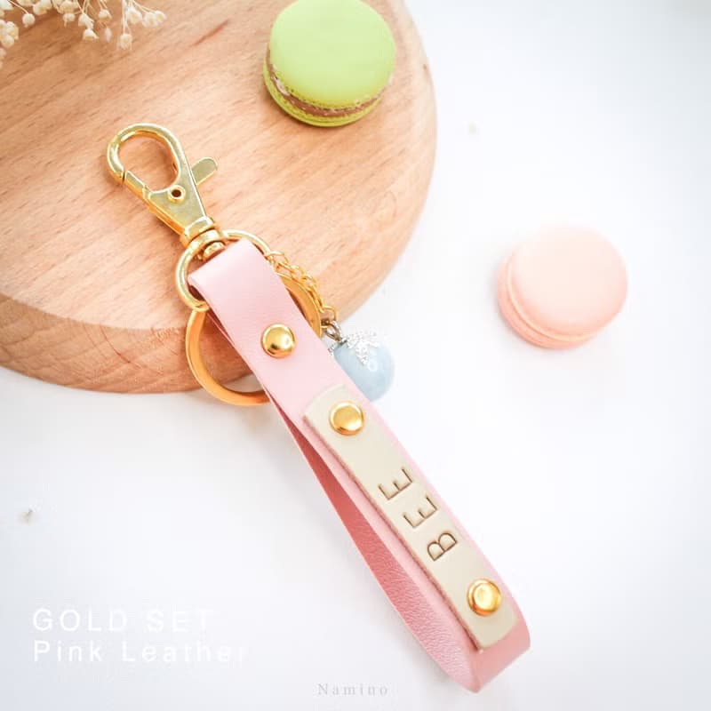 Pink Leather Key Ring hand made with Lucky Stone