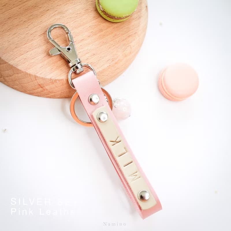 Pink Leather Key Ring hand made with Lucky Stone