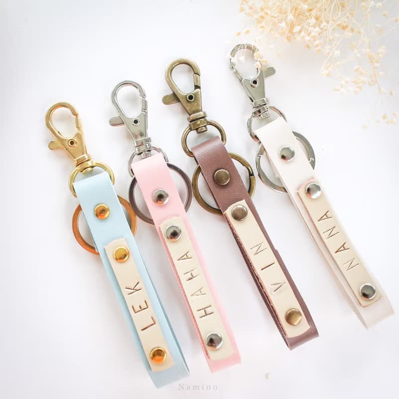 Pink Leather Key Ring hand made with Lucky Stone