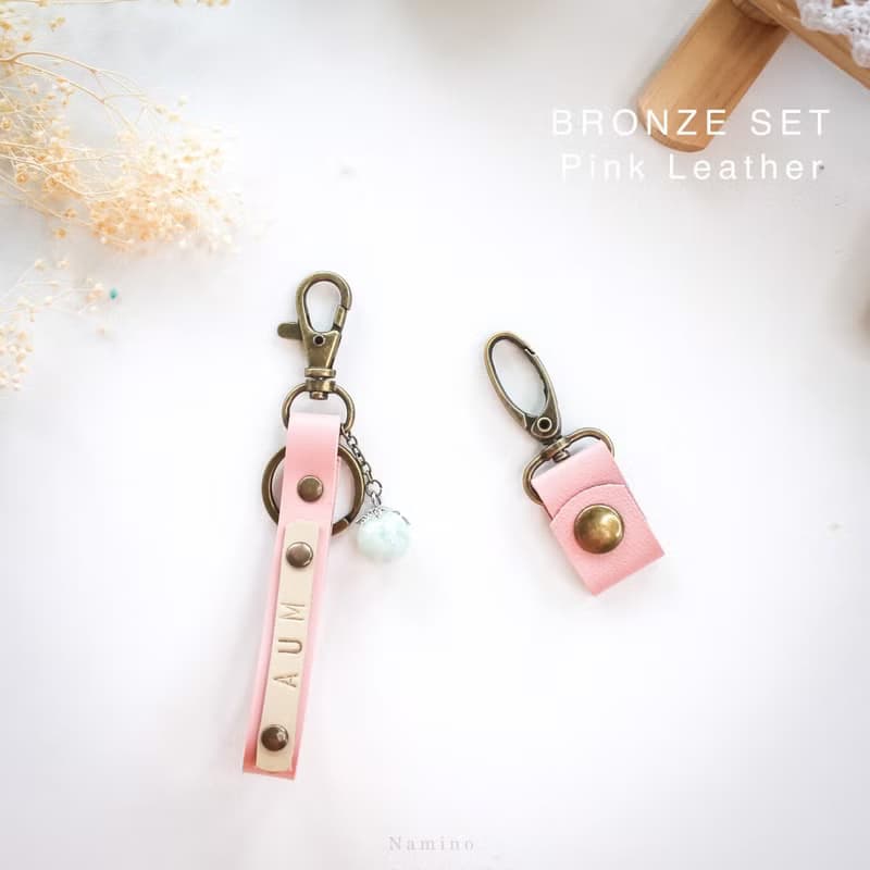 Pink Leather Key Ring hand made with Lucky Stone