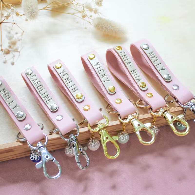 Pink Leather Key Ring hand made with Lucky Stone