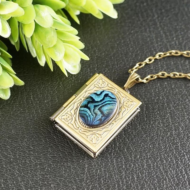 Abalone Paua Rectangle Book Locket Blue Teal Turquoise Pendant Necklace Jewelry