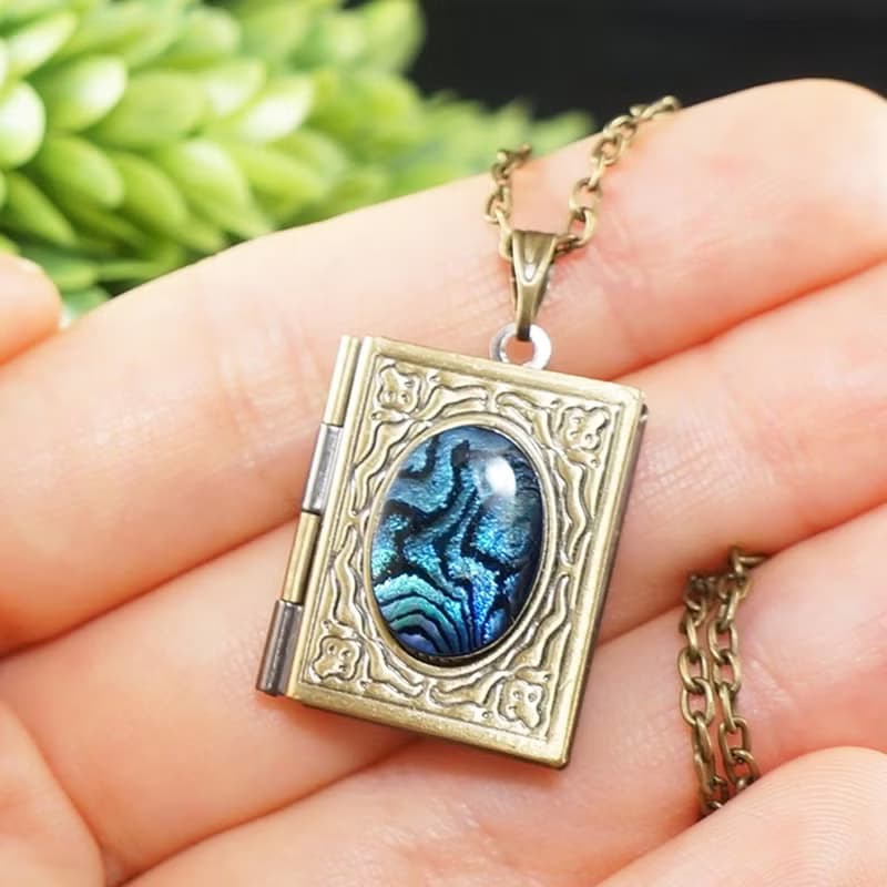 Abalone Paua Rectangle Book Locket Blue Teal Turquoise Pendant Necklace Jewelry