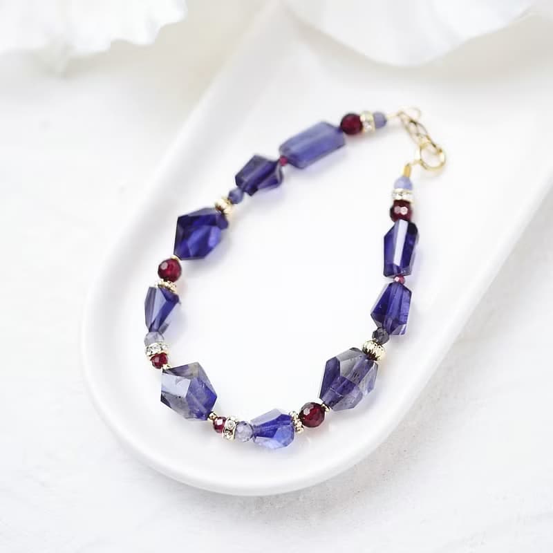 藍紫絲絨 天然堇青石不規則切面寶石手鍊 14K