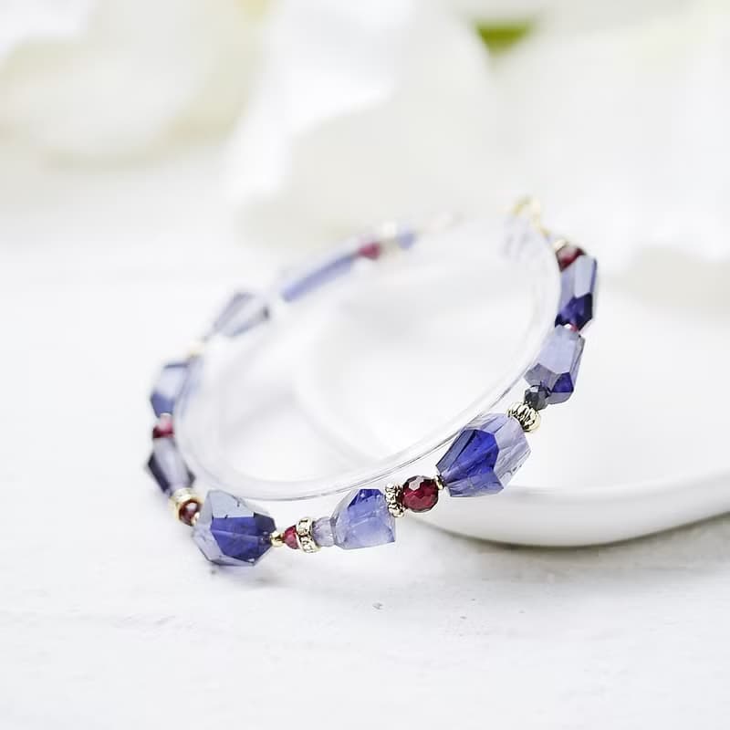 藍紫絲絨 天然堇青石不規則切面寶石手鍊 14K