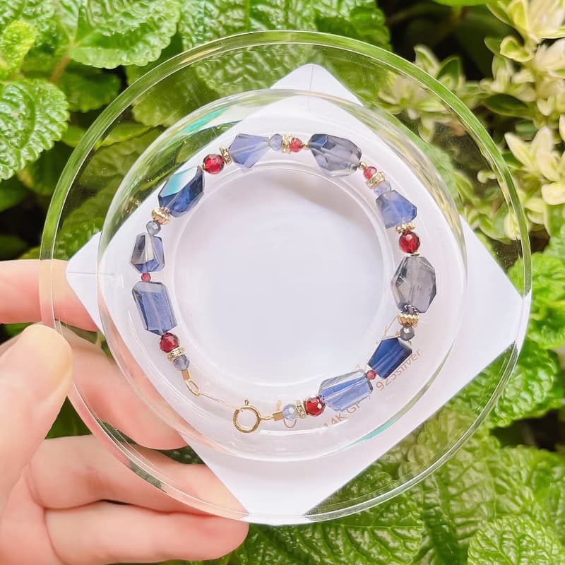 藍紫絲絨 天然堇青石不規則切面寶石手鍊 14K