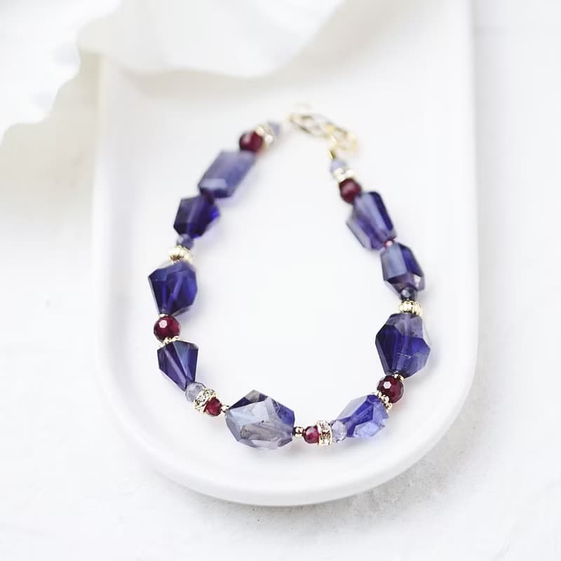 藍紫絲絨 天然堇青石不規則切面寶石手鍊 14K