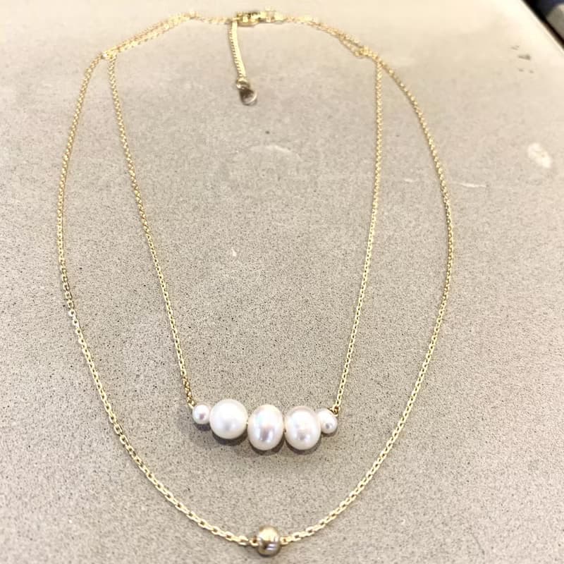 設計一字造型天然珍珠雙層鎖骨鏈短項鍊