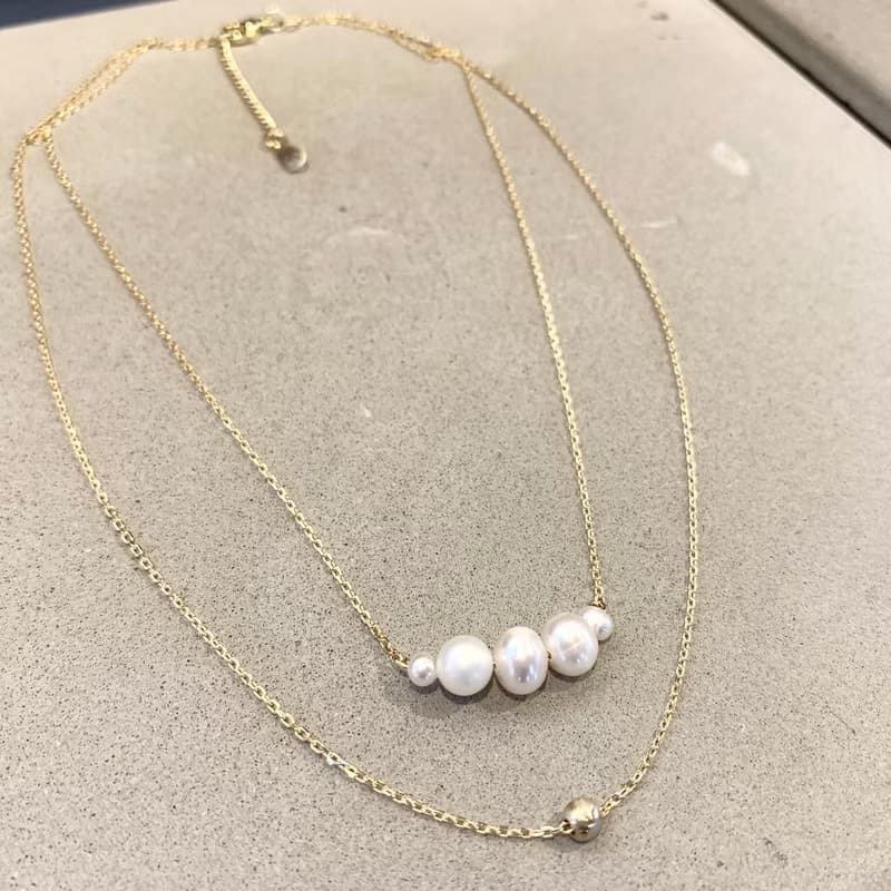 設計一字造型天然珍珠雙層鎖骨鏈短項鍊