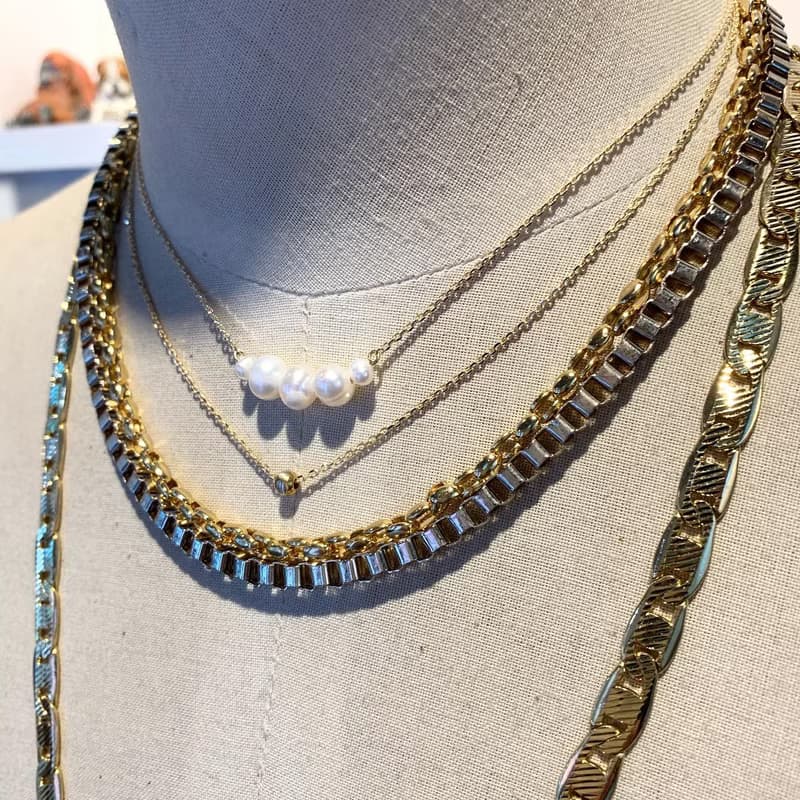 設計一字造型天然珍珠雙層鎖骨鏈短項鍊