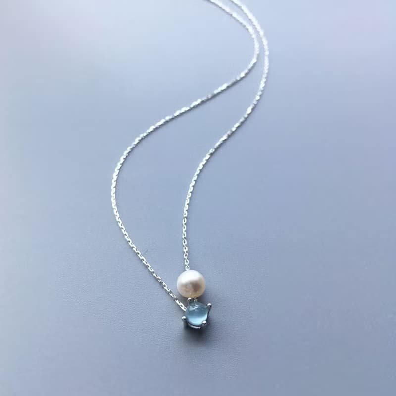 SV925 Aquamarine Necklace, March Birthstone,  Akoya Pearl Dainty Necklace