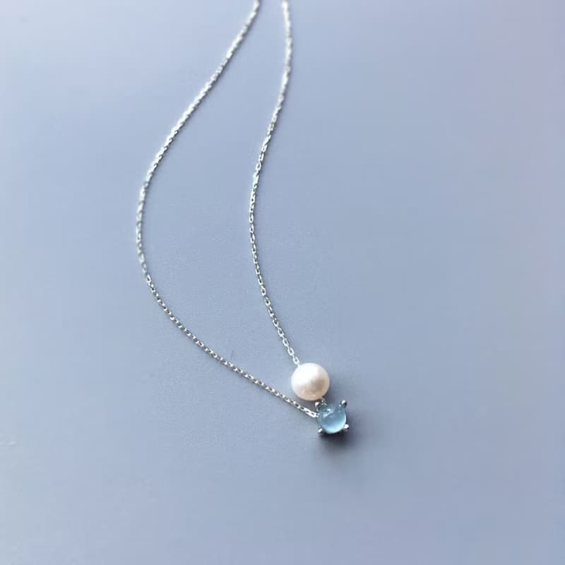 SV925 Aquamarine Necklace, March Birthstone,  Akoya Pearl Dainty Necklace