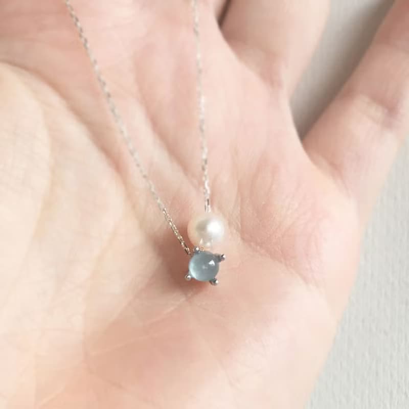 SV925 Aquamarine Necklace, March Birthstone,  Akoya Pearl Dainty Necklace