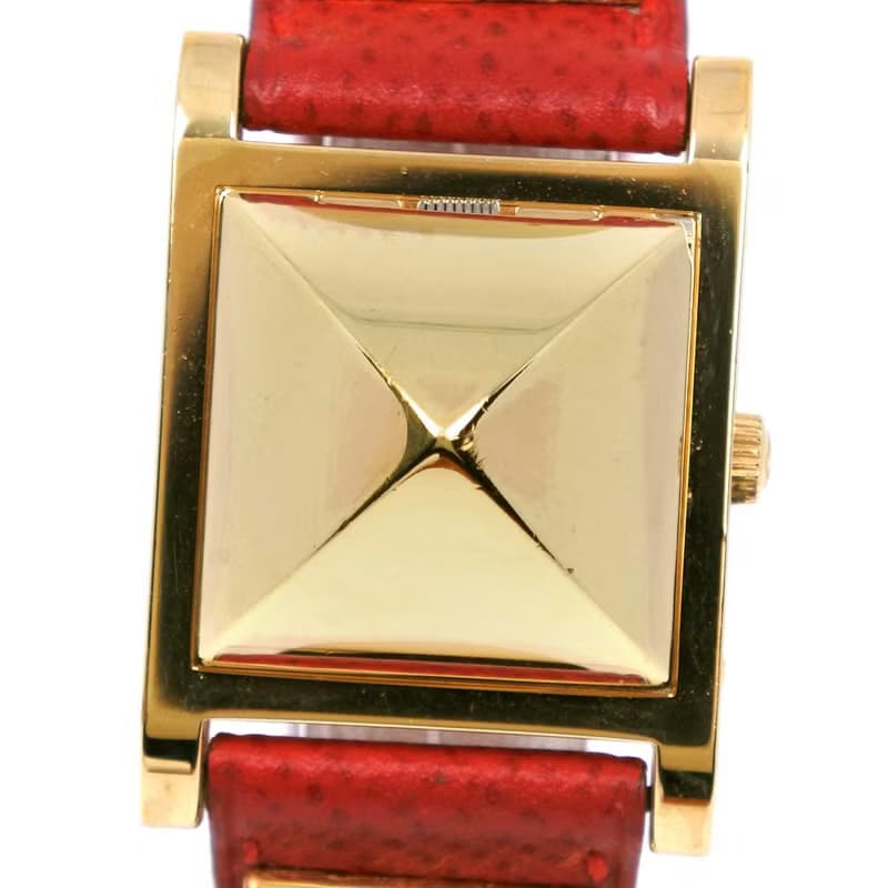 【日本直送】エルメス HERMES メドール 腕時計 金メッキ × レザー 赤/ゴールド  クオーツ 白文字盤 レディース【中古】