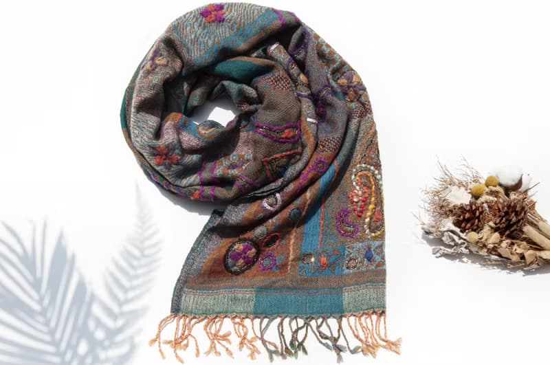 喀什米爾Cashmere/水煮羊毛披肩/針織圍巾/刺繡圍巾/羊絨披巾-花