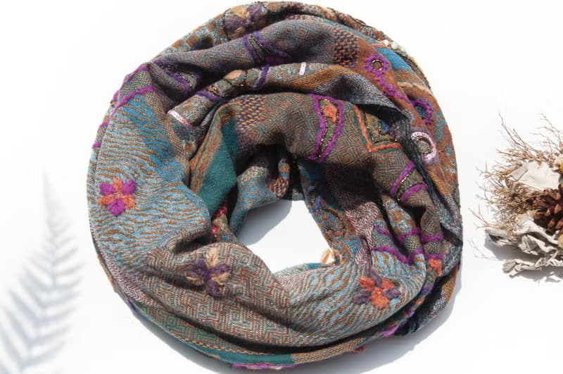喀什米爾Cashmere/水煮羊毛披肩/針織圍巾/刺繡圍巾/羊絨披巾-花