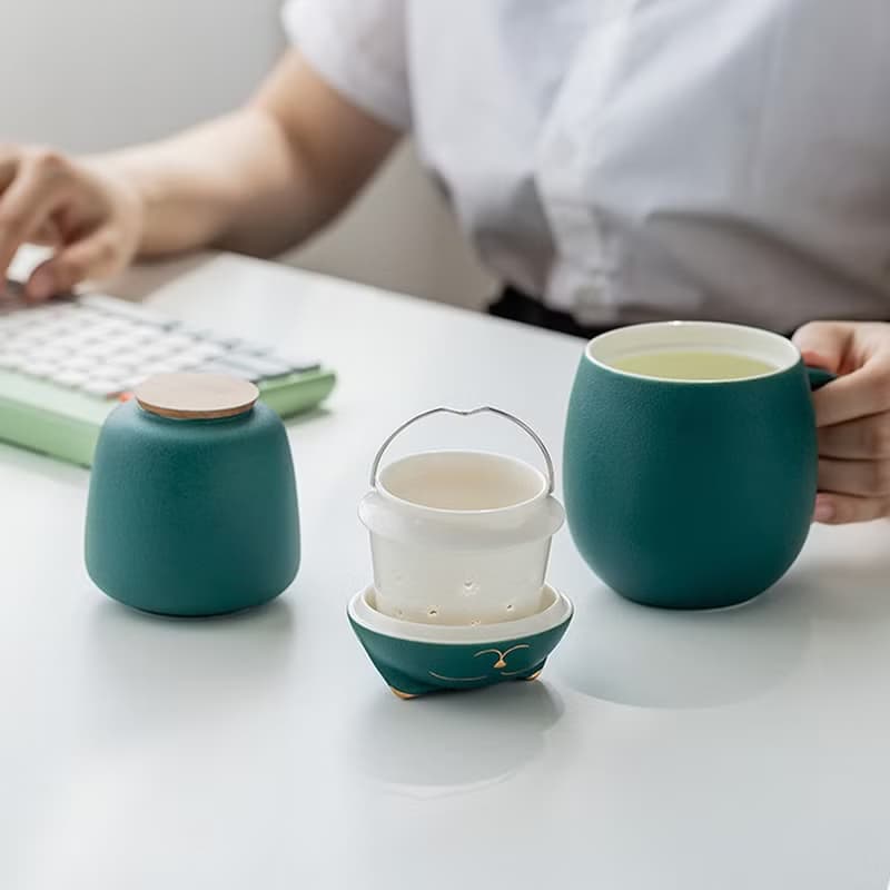 招財貓茶杯 陶瓷材質 附茶葉罐 便攜四色 聖誕禮物