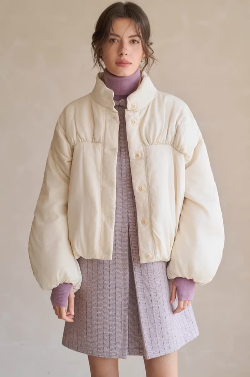 法式極簡 微光感抽褶立領羽絨服