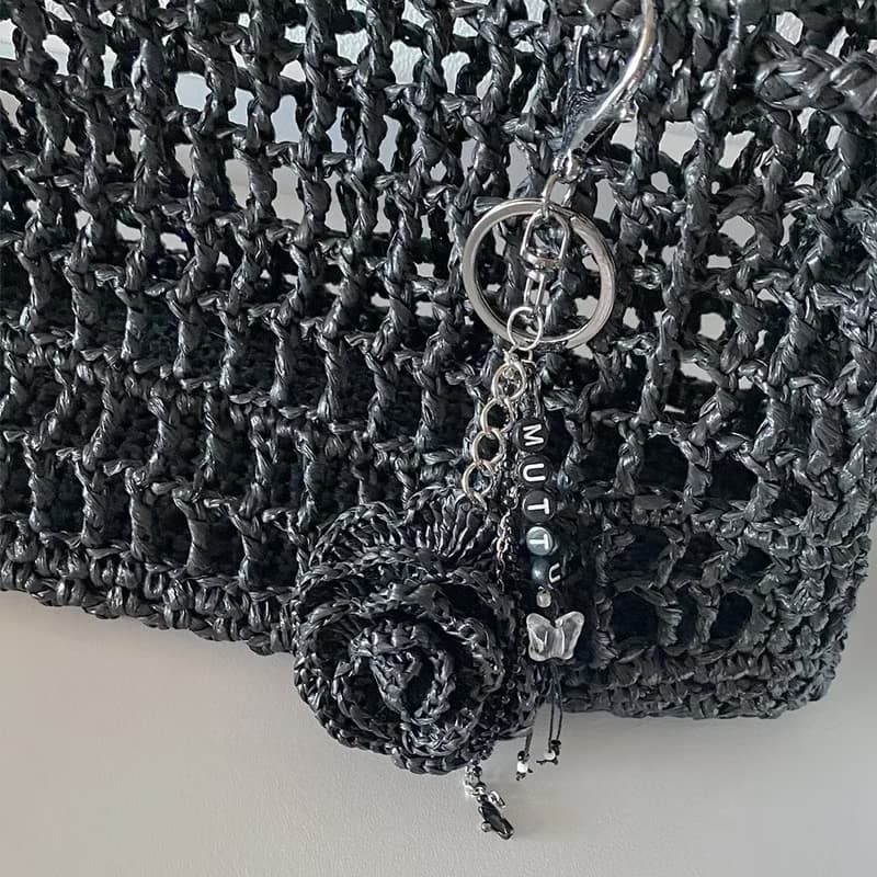 Summer Raffia Crochet Net Tote Bag (with Rose Keyring)