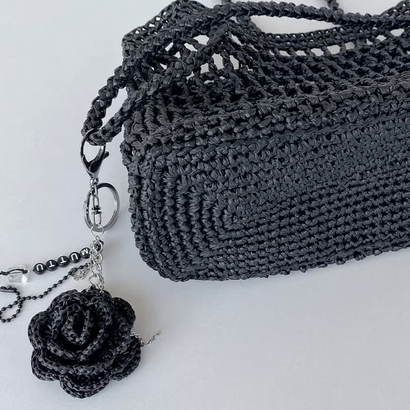 Summer Raffia Crochet Net Tote Bag (with Rose Keyring)