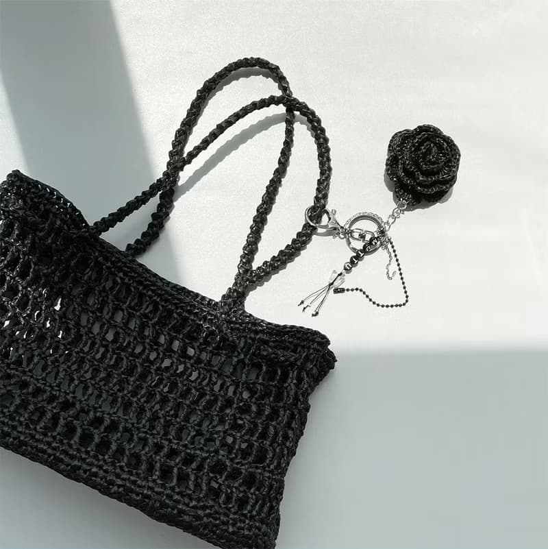 Summer Raffia Crochet Net Tote Bag (with Rose Keyring)