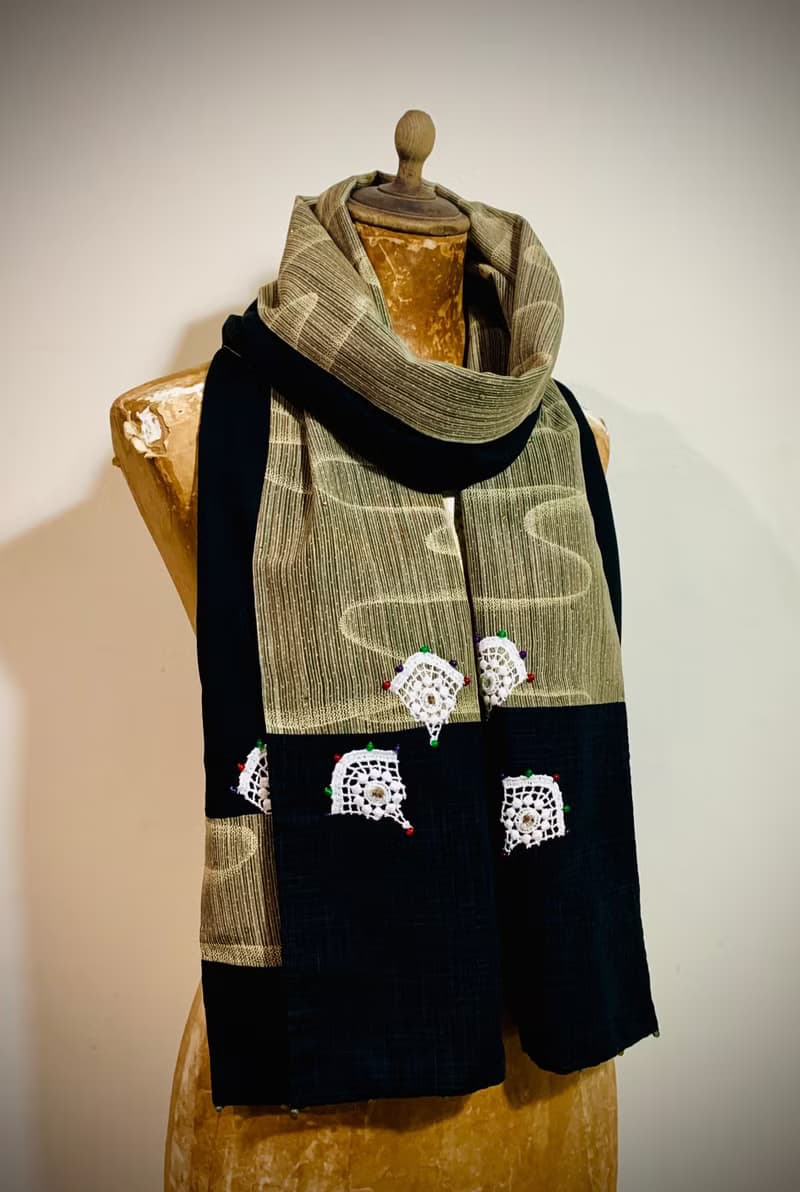 純手作/日本古典彩色雲紋寶石蕾絲扇子星光水鑽黑色圍巾披肩