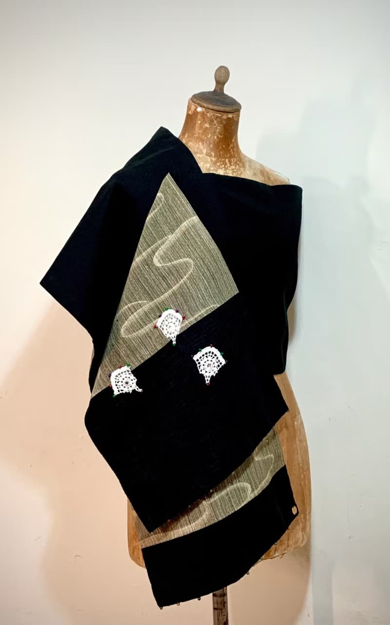 純手作/日本古典彩色雲紋寶石蕾絲扇子星光水鑽黑色圍巾披肩