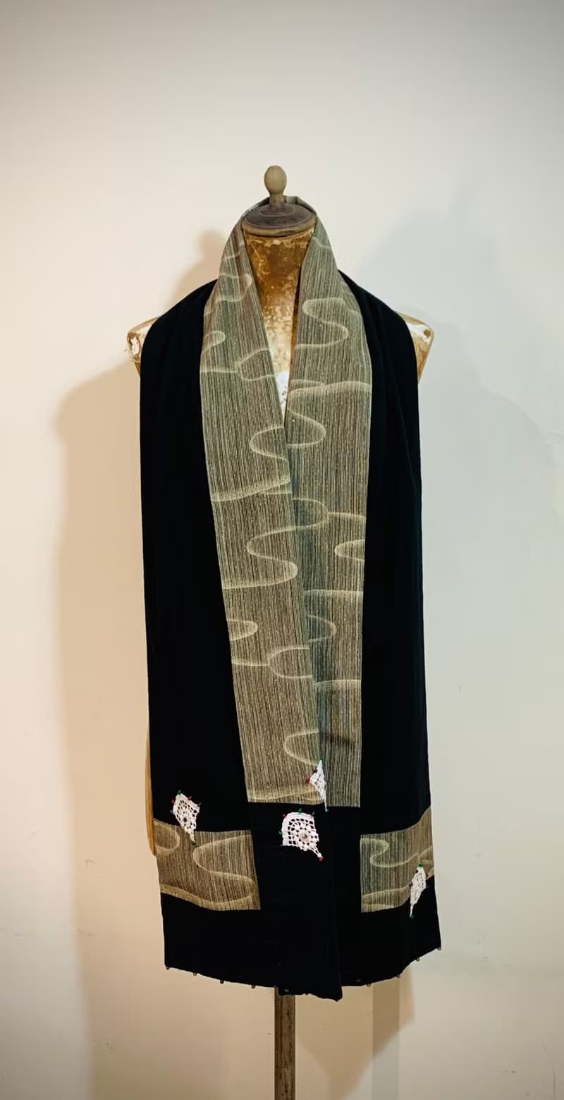 純手作/日本古典彩色雲紋寶石蕾絲扇子星光水鑽黑色圍巾披肩