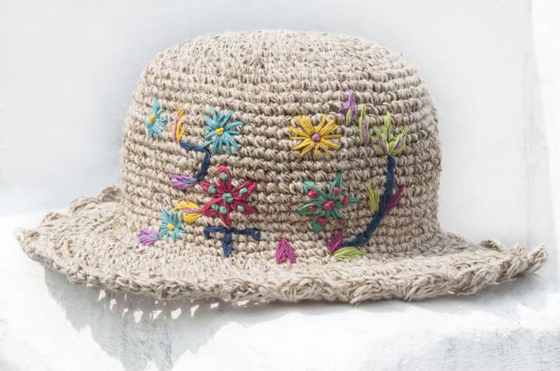 棉麻帽 編織帽 漁夫帽 遮陽帽 草帽 登山帽 草編帽-手工刺繡花朵