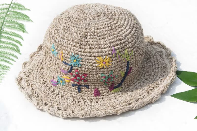 棉麻帽 編織帽 漁夫帽 遮陽帽 草帽 登山帽 草編帽-手工刺繡花朵