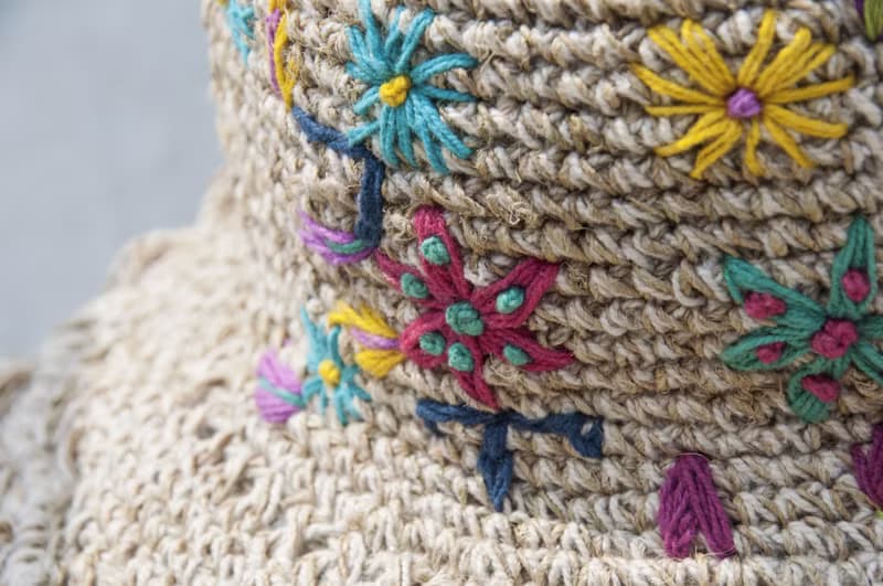 棉麻帽 編織帽 漁夫帽 遮陽帽 草帽 登山帽 草編帽-手工刺繡花朵