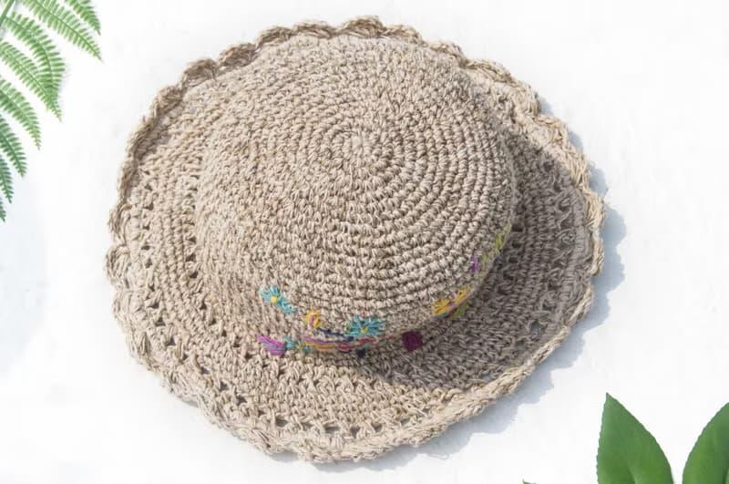 棉麻帽 編織帽 漁夫帽 遮陽帽 草帽 登山帽 草編帽-手工刺繡花朵
