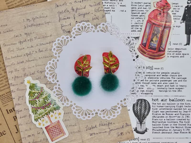 原創耳飾 金葉聖誕 異材質結合 撞色風格 手作 樹脂 聖誕 耳環