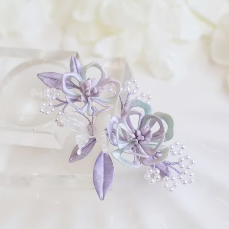 幻彩梅花 髮夾 纏花 春仔花 和服發飾 天然真絲 蠶絲 髮夾