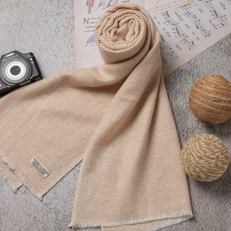 【窄版】喀什米爾羊毛圍巾 米黃斜紋 脖圍 手工機織