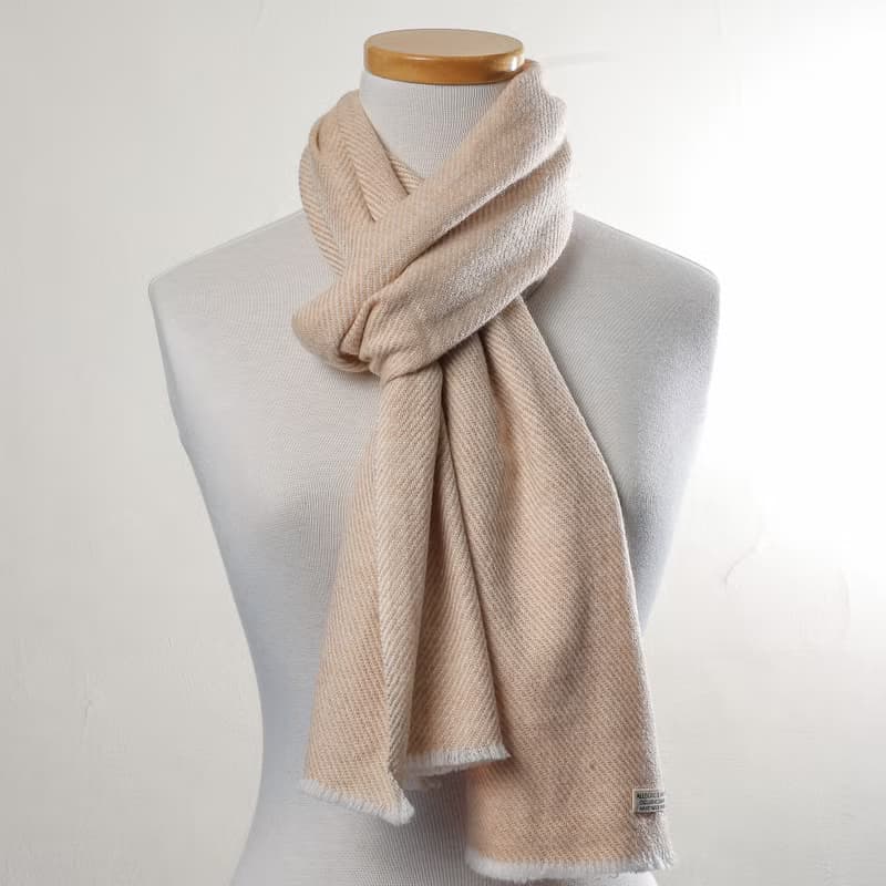 【窄版】喀什米爾羊毛圍巾 米黃斜紋 脖圍 手工機織