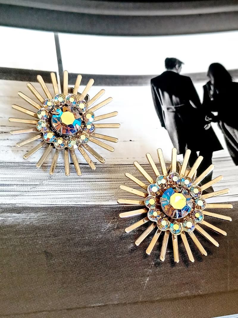 vintage jewelry  炫目火花極光萊茵 夾式耳環