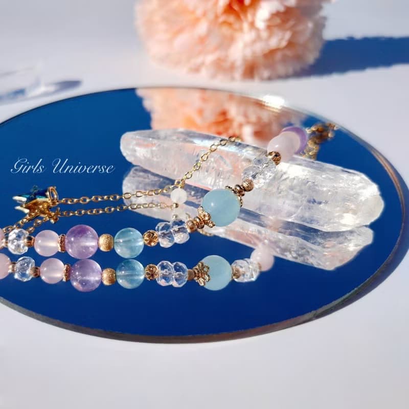 海上花開。粉晶 海水藍寶 白水晶 14K包金 水晶礦石設計手鍊