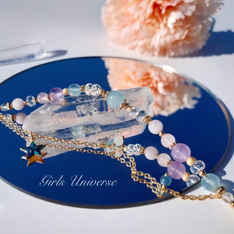 海上花開。粉晶 海水藍寶 白水晶 14K包金 水晶礦石設計手鍊