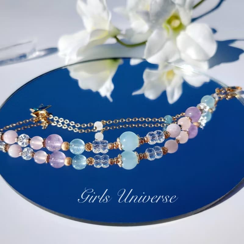 海上花開。粉晶 海水藍寶 白水晶 14K包金 水晶礦石設計手鍊