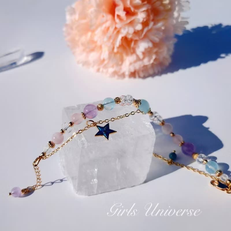 海上花開。粉晶 海水藍寶 白水晶 14K包金 水晶礦石設計手鍊