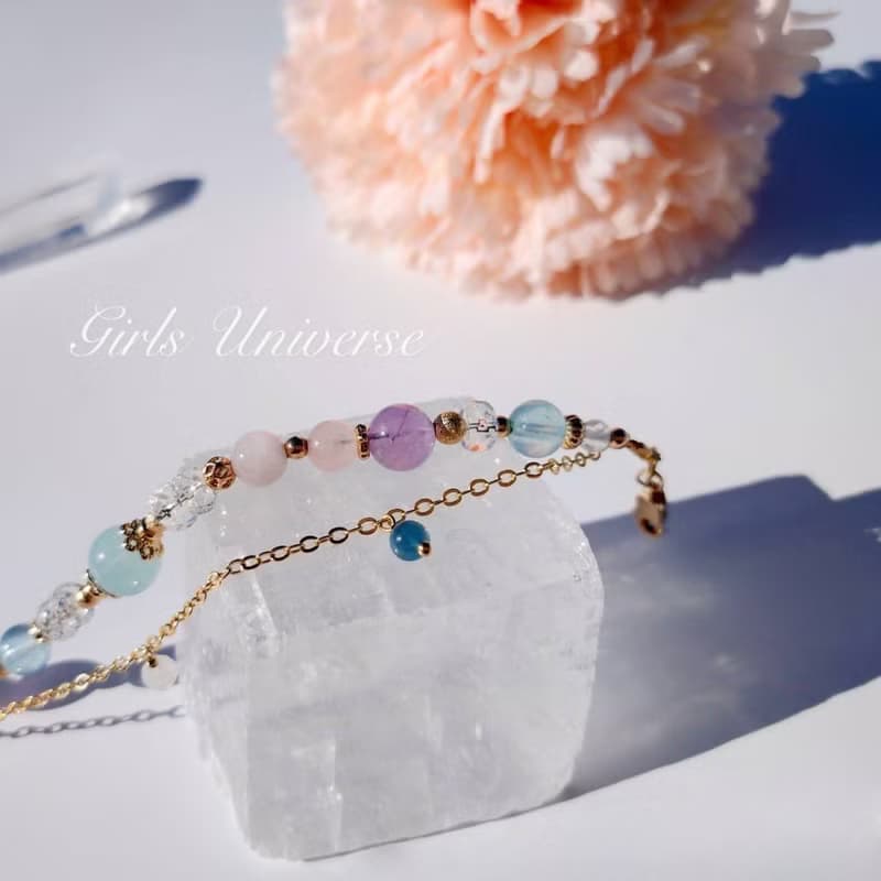 海上花開。粉晶 海水藍寶 白水晶 14K包金 水晶礦石設計手鍊