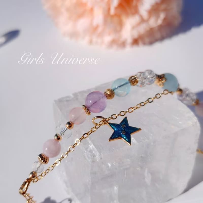 海上花開。粉晶 海水藍寶 白水晶 14K包金 水晶礦石設計手鍊