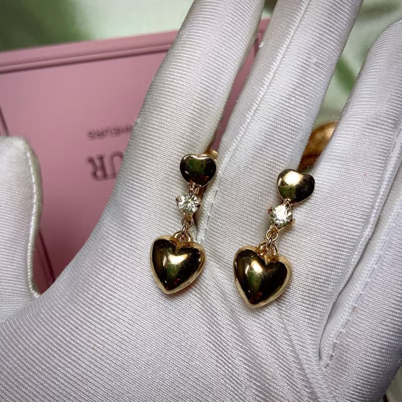 【西洋古董飾品】精品感法式亮愛心優雅 垂墜搖晃鑲鑽耳環耳針