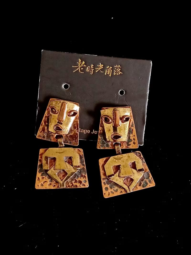 vintage jewelry  古董黃銅馬雅人 夾式耳環