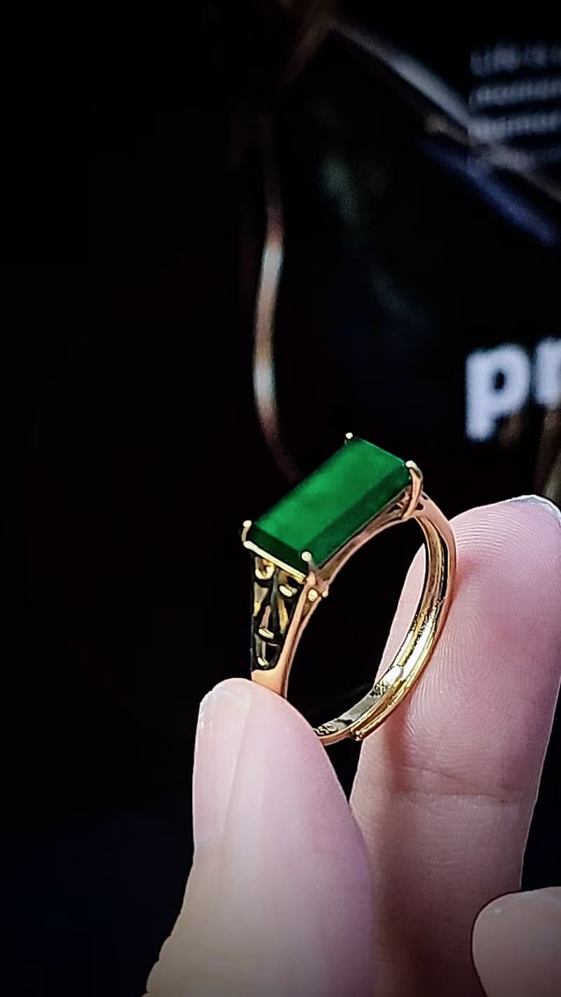 招財|無事牌|A貨翡翠老坑種冰玻辣綠無事牌12mm純銀鍍金男戒戒